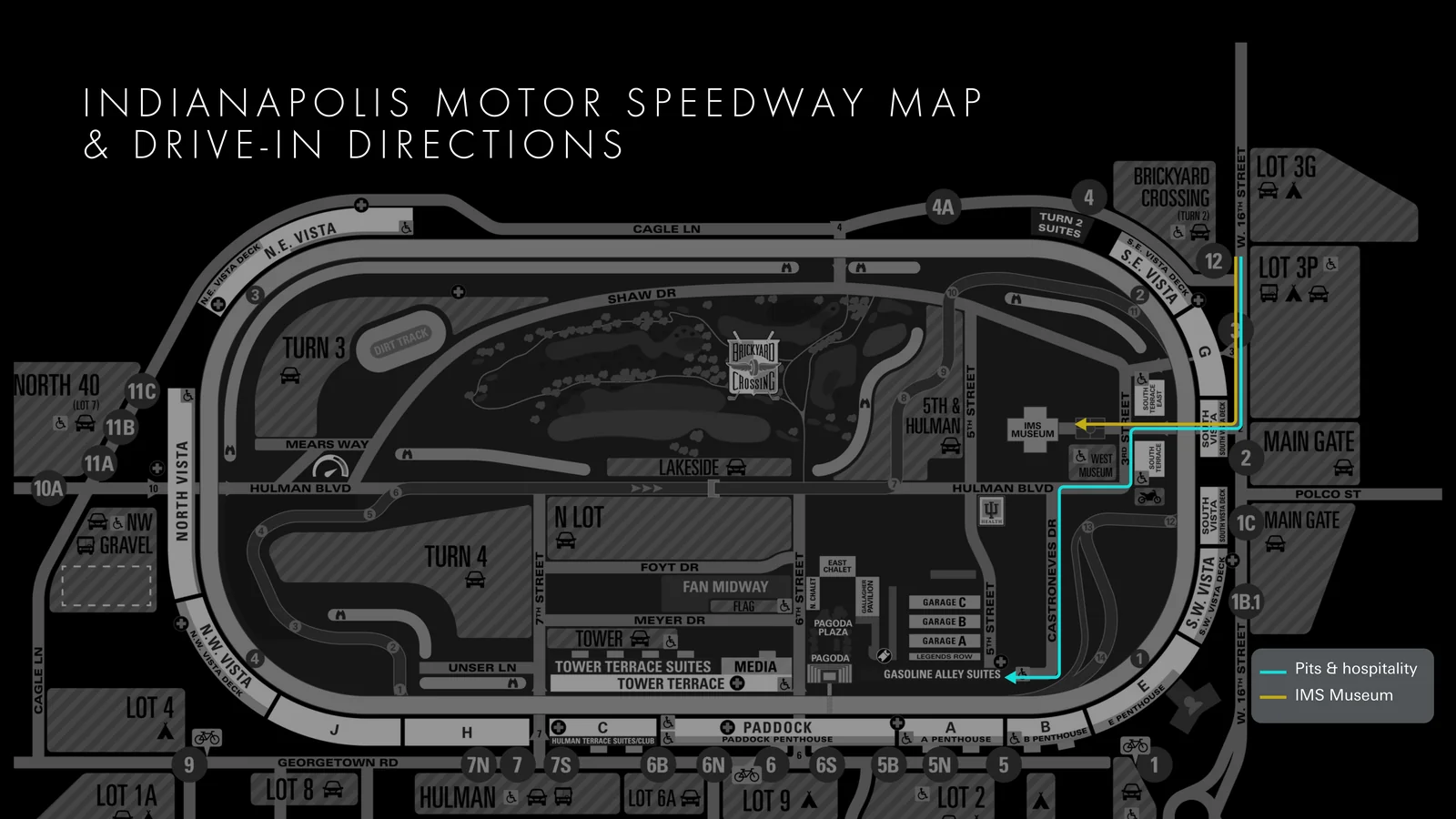 Map of Indianapolis Motor Speedway with two drive-in routes highlighted from W. 16th Street: one to the IMS Museum, one to the Gasoline Alley Suites