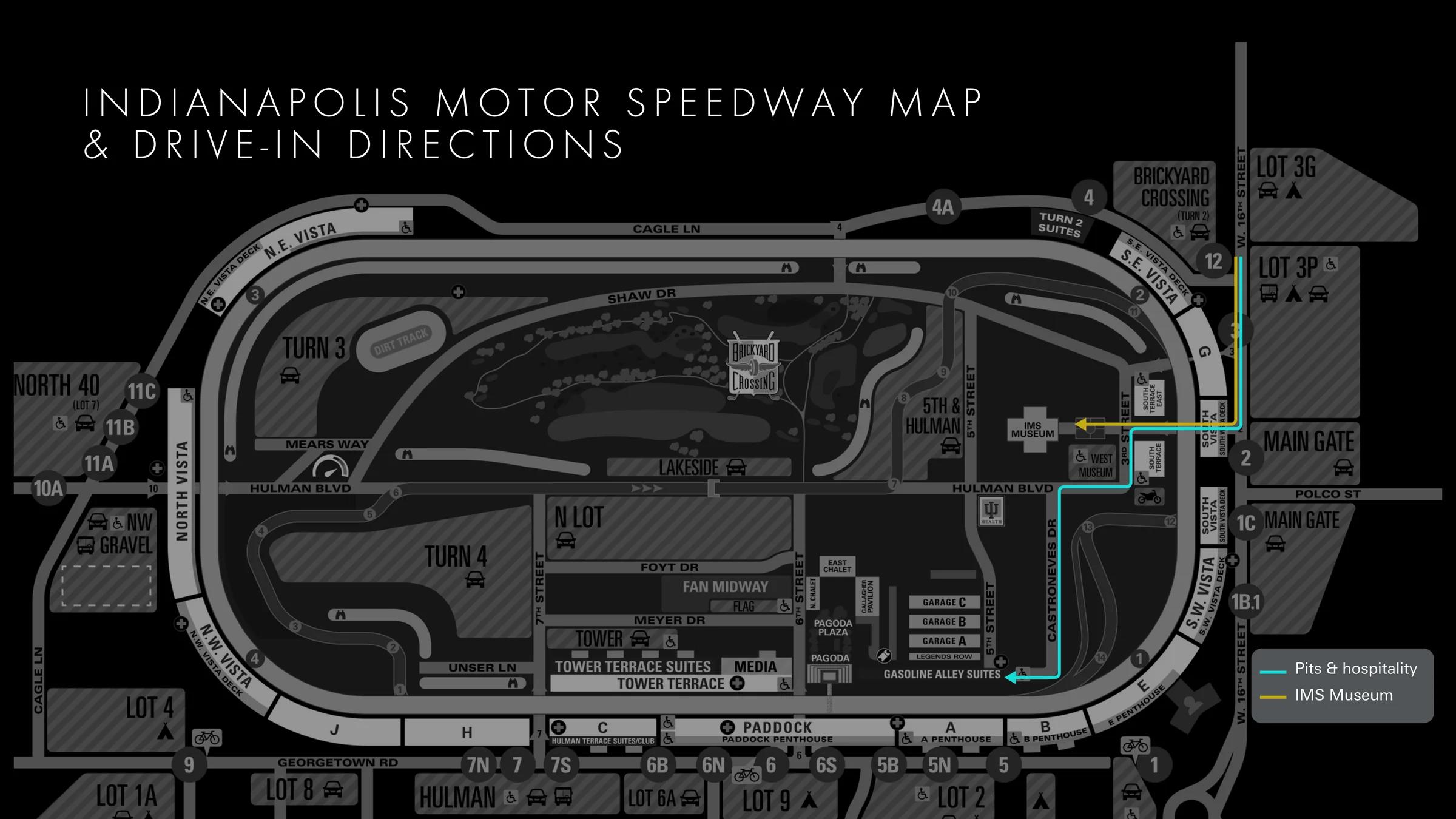 Map of Indianapolis Motor Speedway with two drive-in routes highlighted from W. 16th Street: one to the IMS Museum, one to the Gasoline Alley Suites